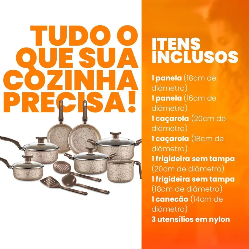 Itens inclusos: panelas, caçarolas, frigideiras, canecão e utensílios